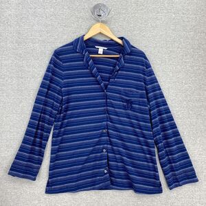 Victoria's Secret Pajama Top Womens Large Long Blue Striped Long Sleeve Logo